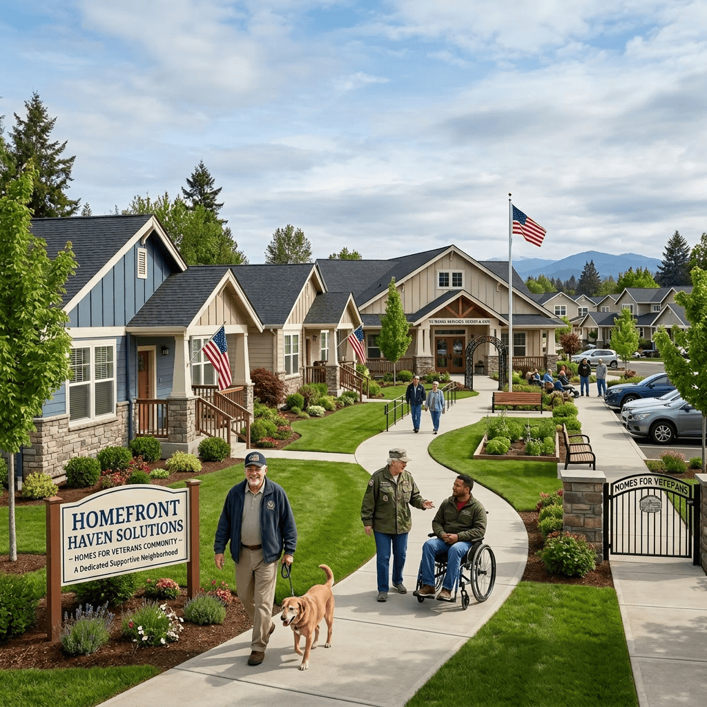 Neighborhood with homes and veterans walking, some with a dog and wheelchair